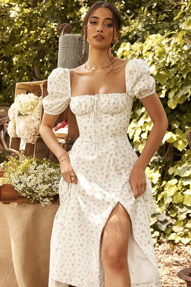Women's - Midi Dress - Floral Print - Split Detail Dress