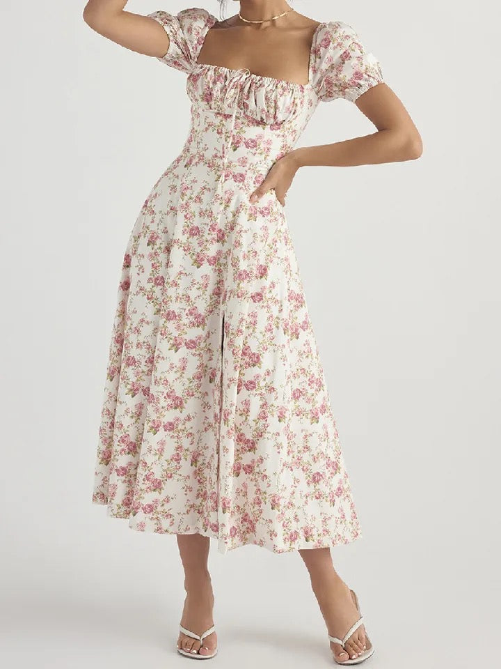 Women's - Midi Dress - Floral Print - Split Detail Dress