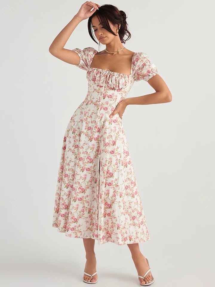 Women's - Midi Dress - Floral Print - Split Detail Dress