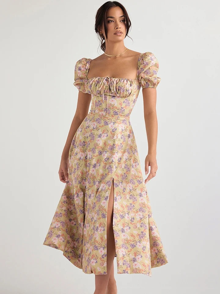 Women's - Midi Dress - Floral Print - Split Detail Dress