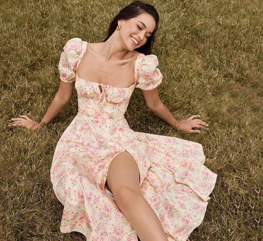 Women's - Midi Dress - Floral Print - Split Detail Dress