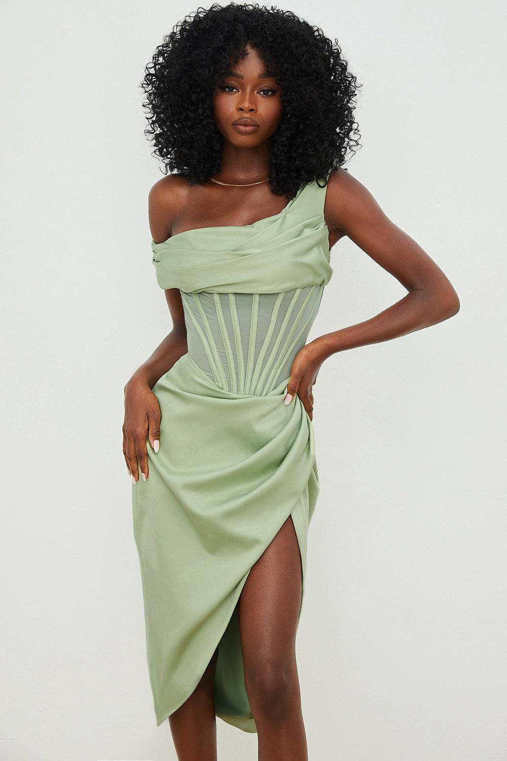 Women's - Midi Dress - One-Shoulder Design - Corset Bodycon Dress