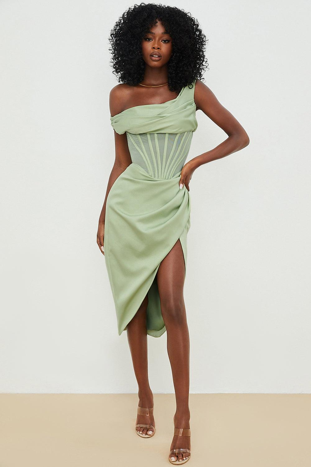 Women's - Midi Dress - One-Shoulder Design - Corset Bodycon Dress