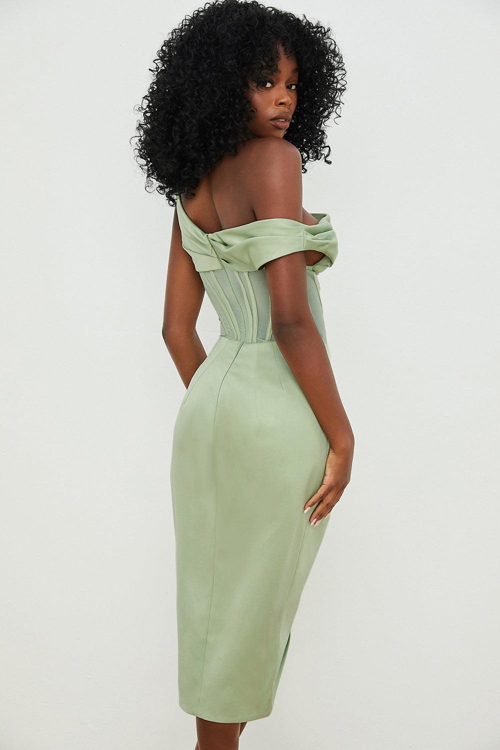 Women's - Midi Dress - One-Shoulder Design - Corset Bodycon Dress