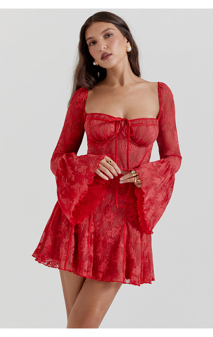 Women's - Mini Dress - Lace Flare Sleeves - Elegant Dress