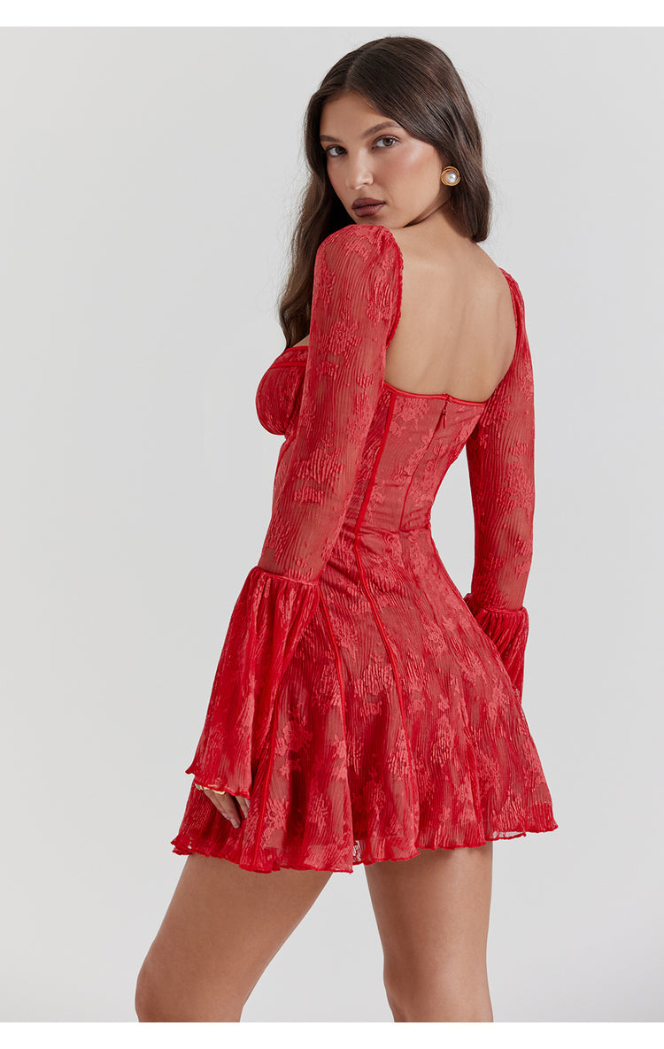 Women's - Mini Dress - Lace Flare Sleeves - Elegant Dress