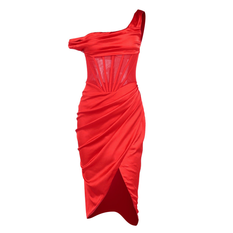 Women's - Midi Dress - One-Shoulder Design - Corset Bodycon Dress