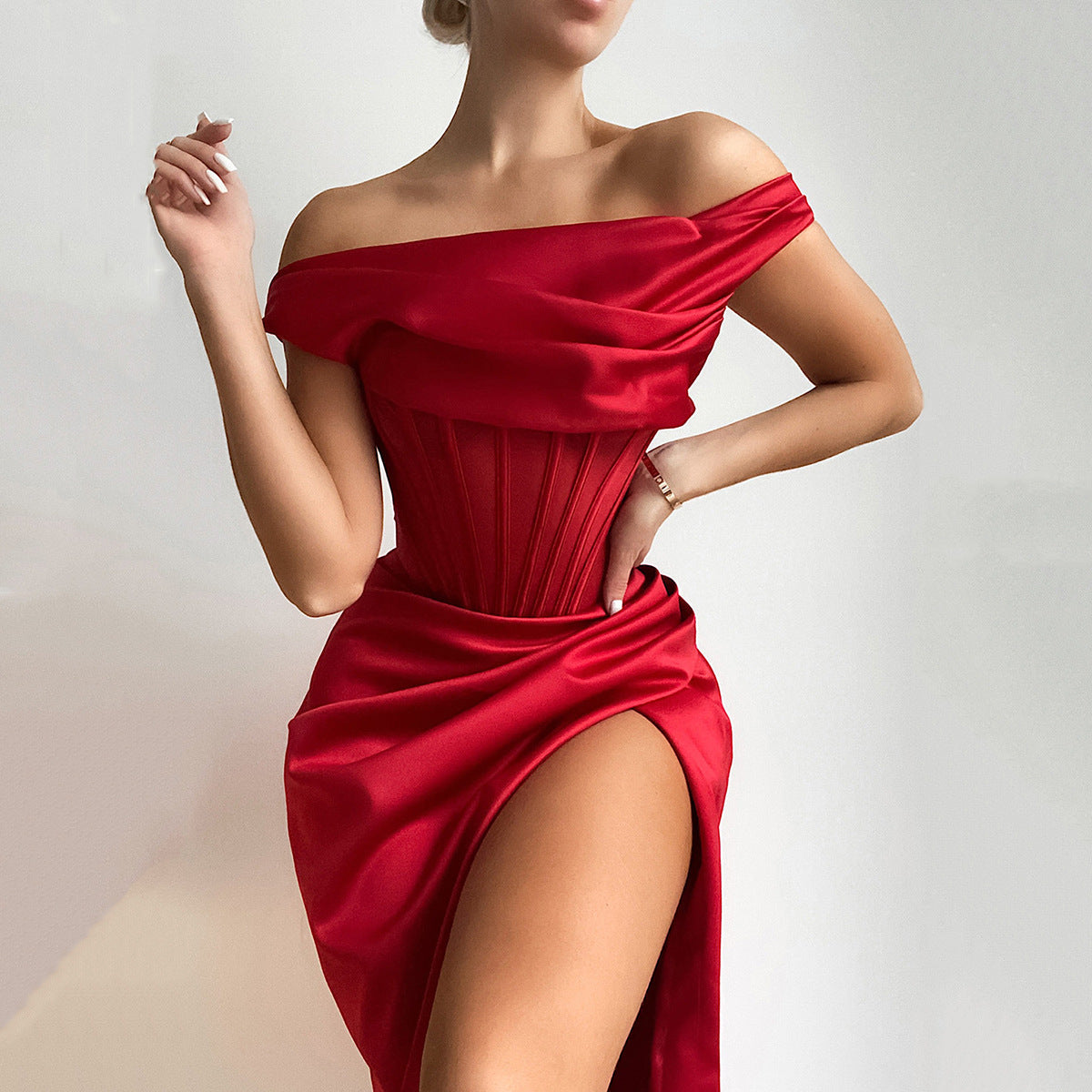 Women's - Midi Dress - One-Shoulder Design - Corset Bodycon Dress
