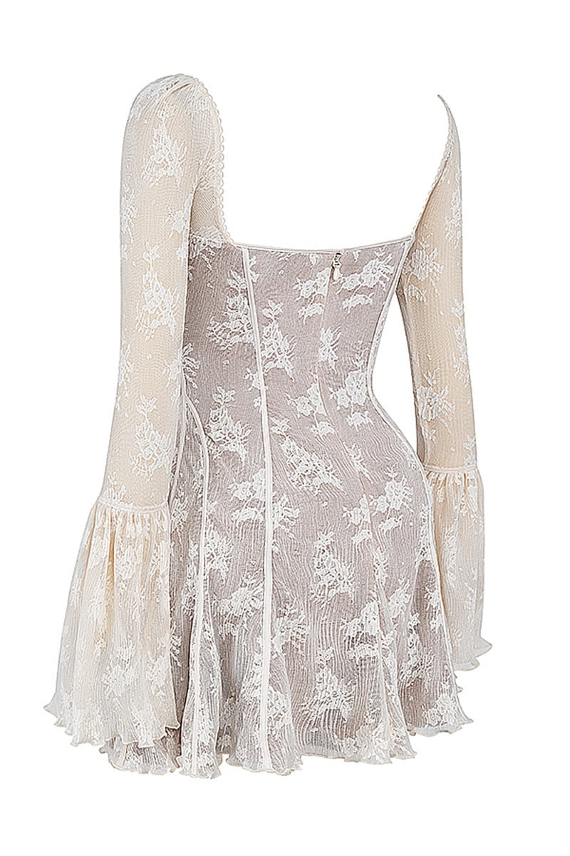 Women's - Mini Dress - Lace Flare Sleeves - Elegant Dress