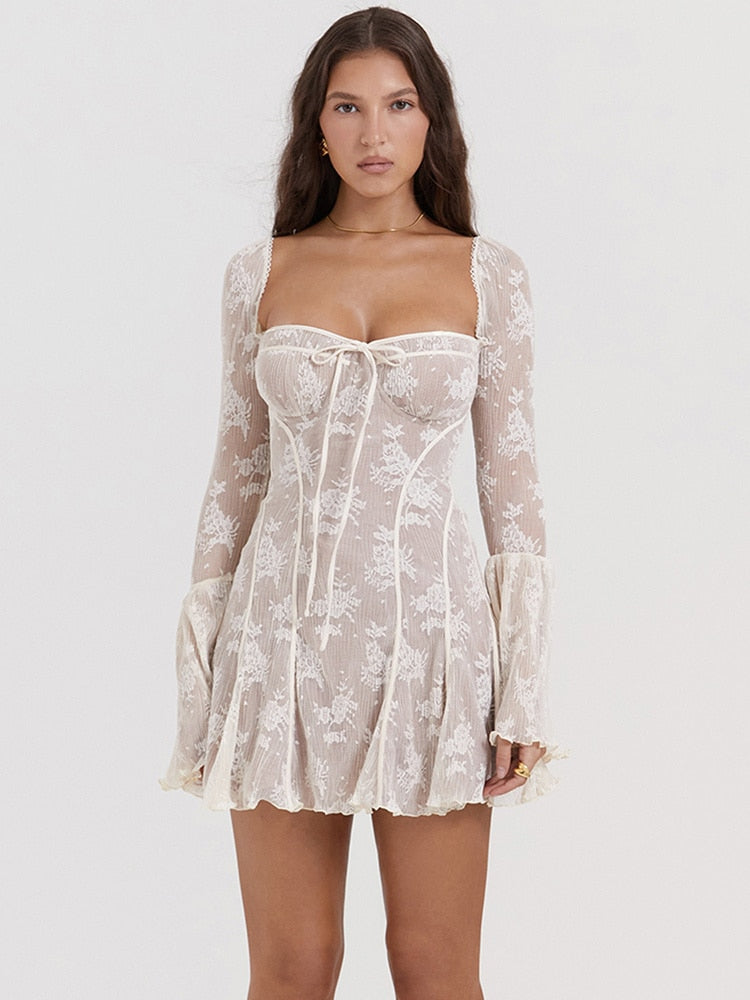 Women's - Mini Dress - Lace Flare Sleeves - Elegant Dress