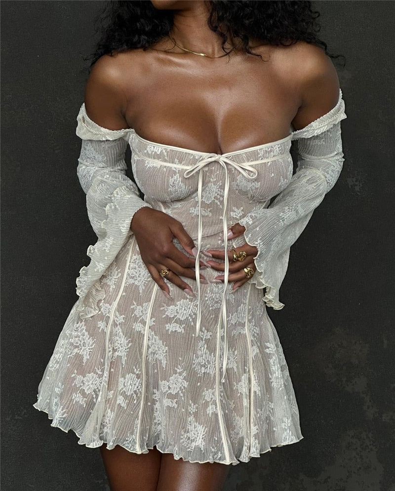 Women's - Mini Dress - Lace Flare Sleeves - Elegant Dress