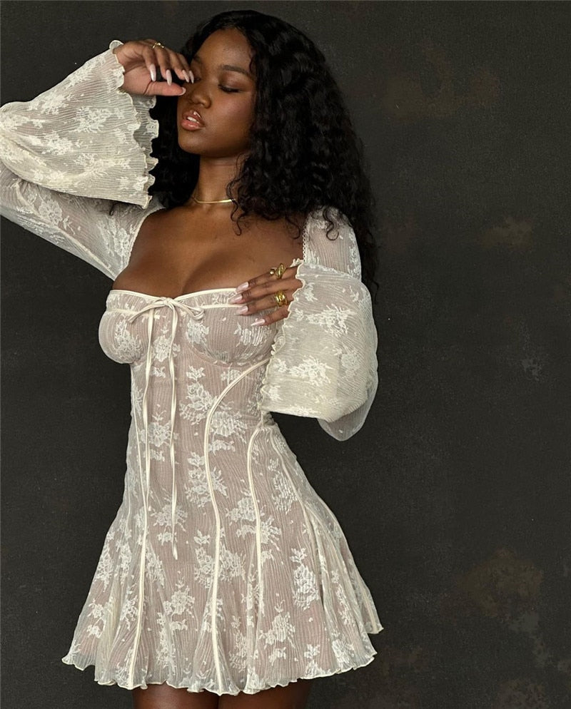 Women's - Mini Dress - Lace Flare Sleeves - Elegant Dress