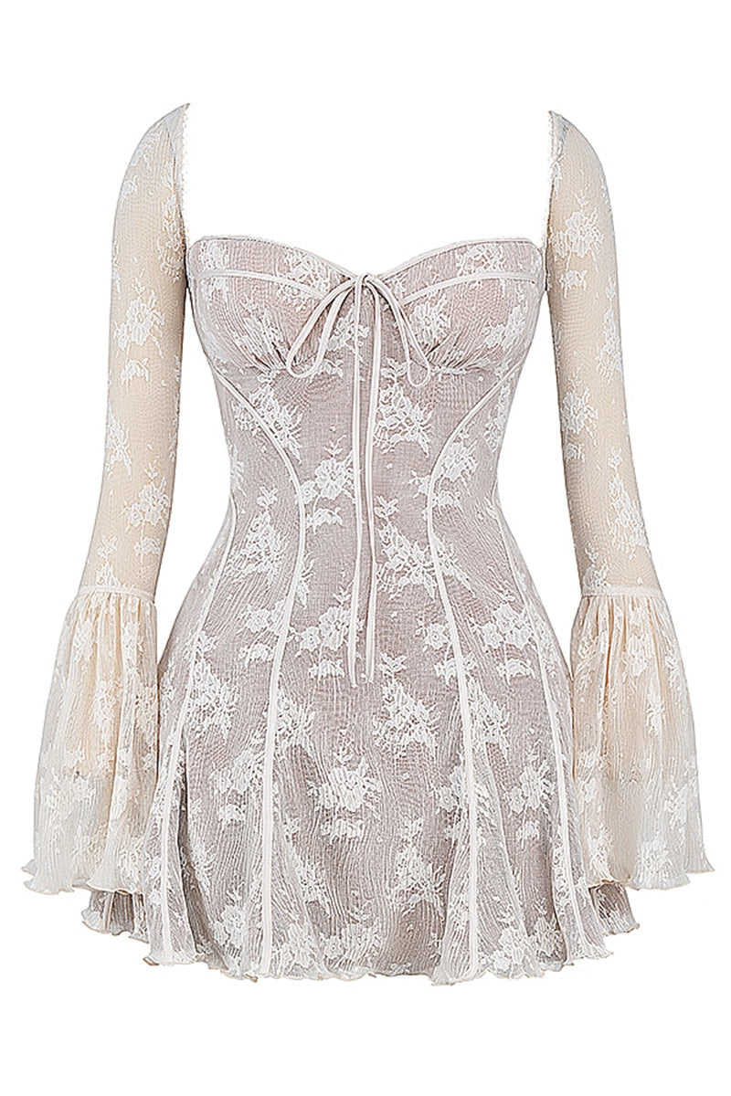 Women's - Mini Dress - Lace Flare Sleeves - Elegant Dress