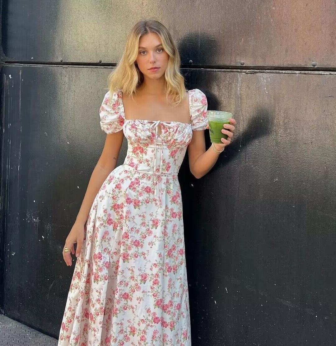 Women's - Midi Dress - Floral Print - Split Detail Dress